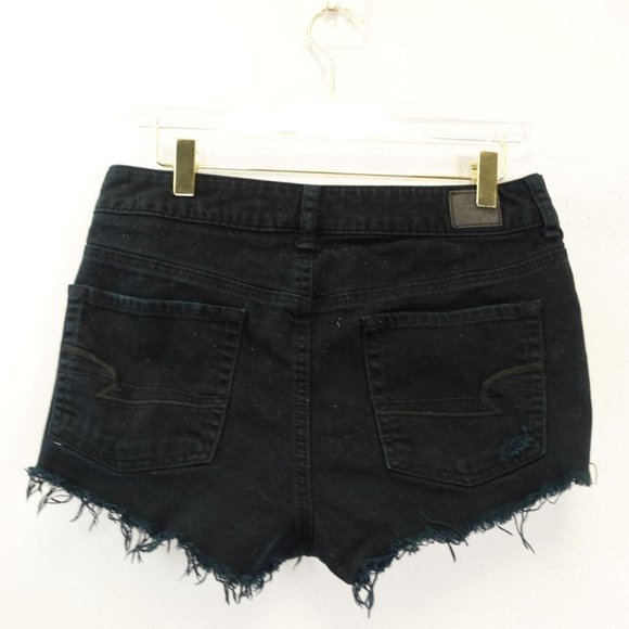 AMERICAN EAGLE Womens Black Jean Short Shorts 8 MEDIUM Mid Rise‎ Distressed Raw - Picture 10 of 12